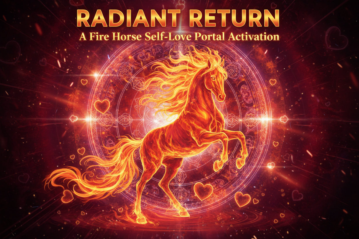 an event graphic for event called: RADIANT RETURN - A Fire Horse Self-Love Portal Activation. Use bold fire, reds, divine femine and self love energy